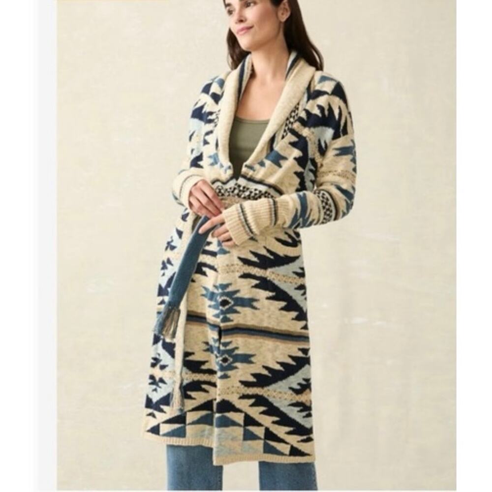 FAHERTY B. Yellowtail Paloma Aztec Longline Duster Cardigan BLUE SMALL NO BELT